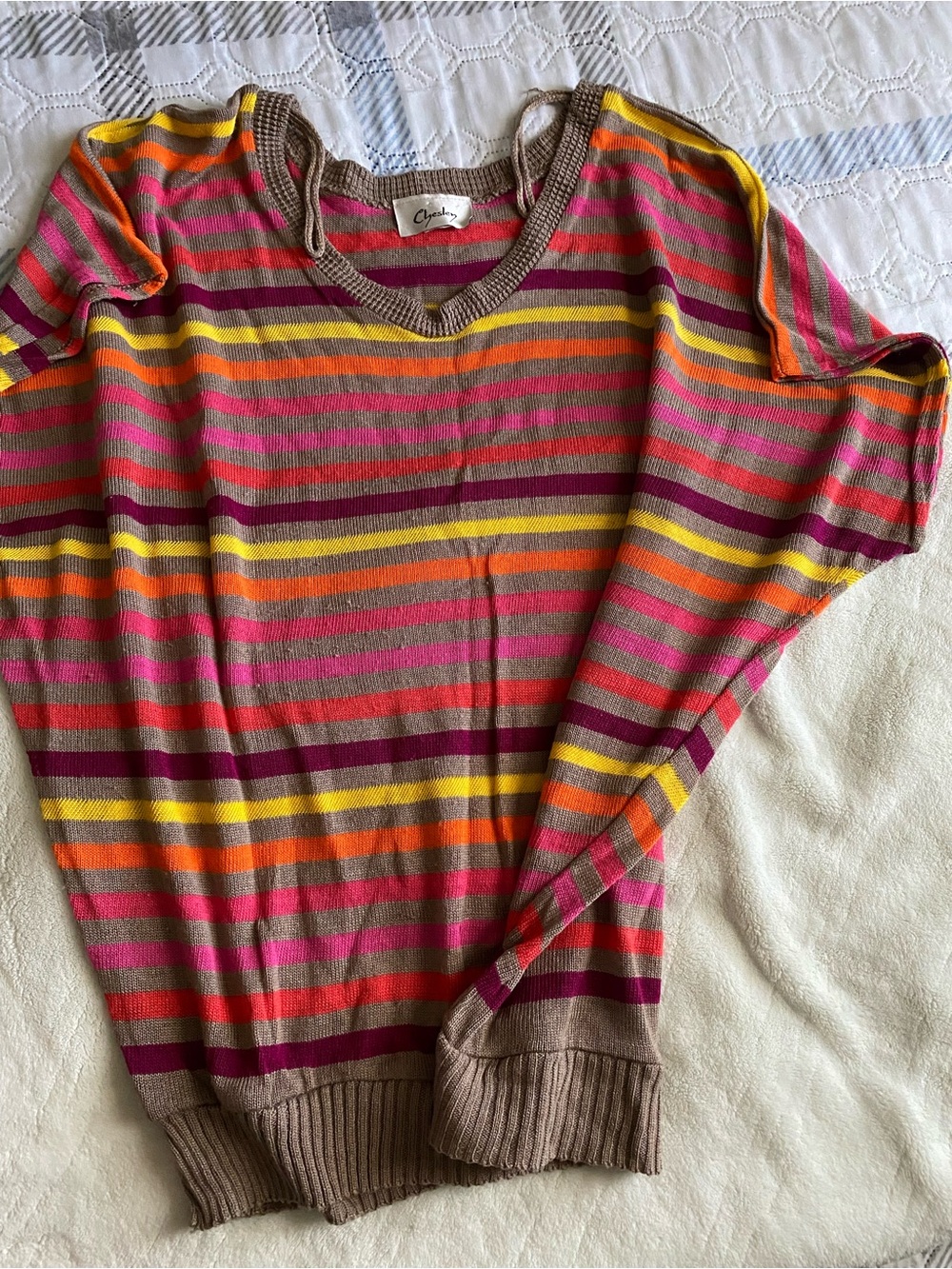 Chesley Multicolor Striped V-Neck Sweater - Brown, Pink, Orange, Yellow